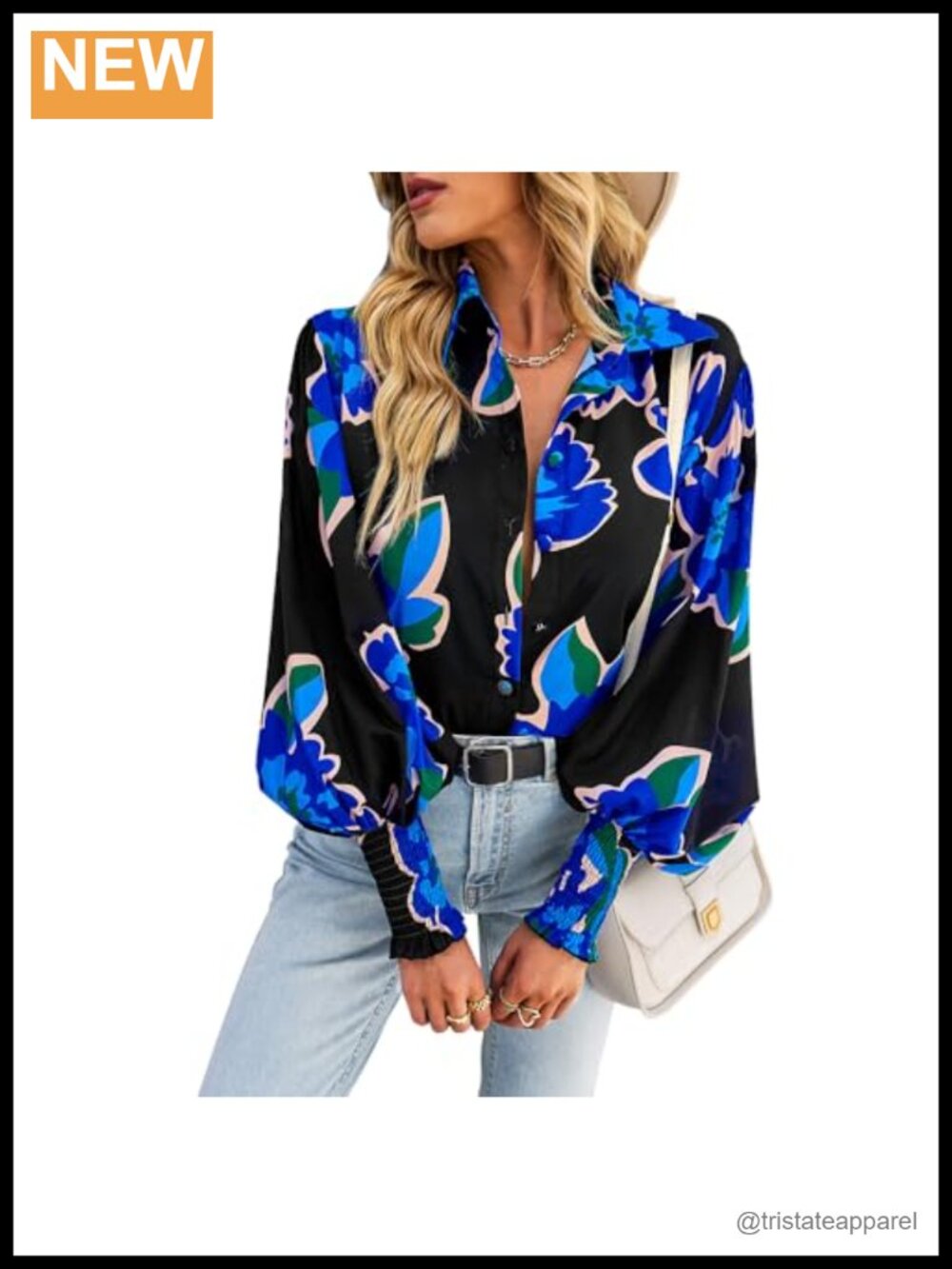 Womens Floral Boho Button Down Shirt Lantern Sleeve Blouse V Neck Polyester Top